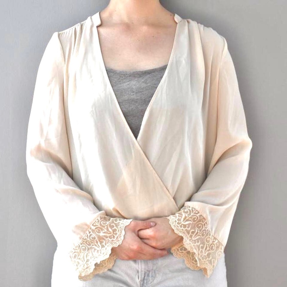 Jealous Tomato Long Sleeved Cream & Beige Low Cut Lace Open Front Blouse